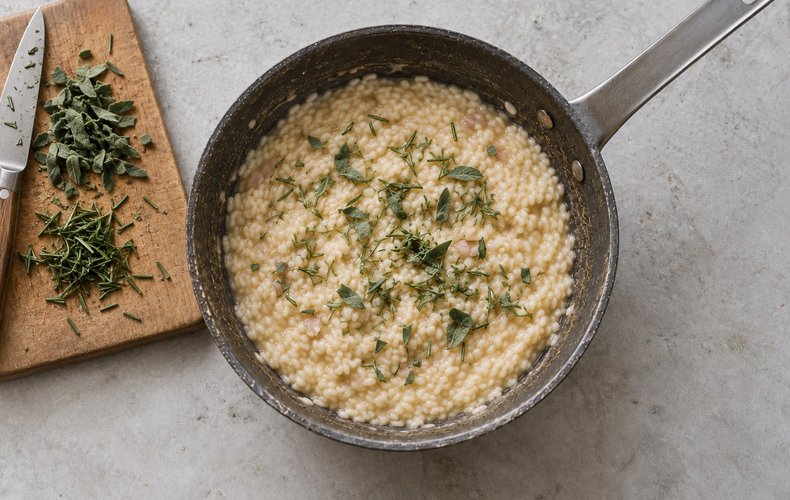 Honey, Sage and Rosemary Risotto, step 4: chopped sage and rosemary stirred into the risotto