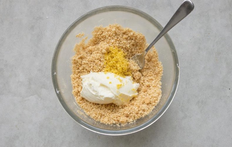 Lemon Coconut Truffles, step 2: crushed wafers mixed with mascarpone and lemon zest