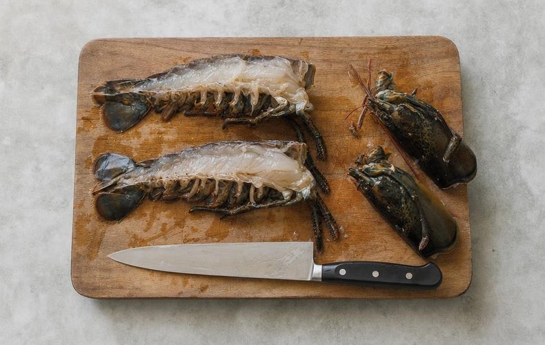 Linguine with lobster, step 1: the lobsters cut in half