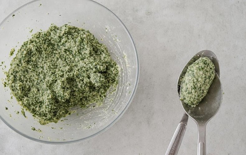 Malfatti, step 4: shaping the mixture between two spoons