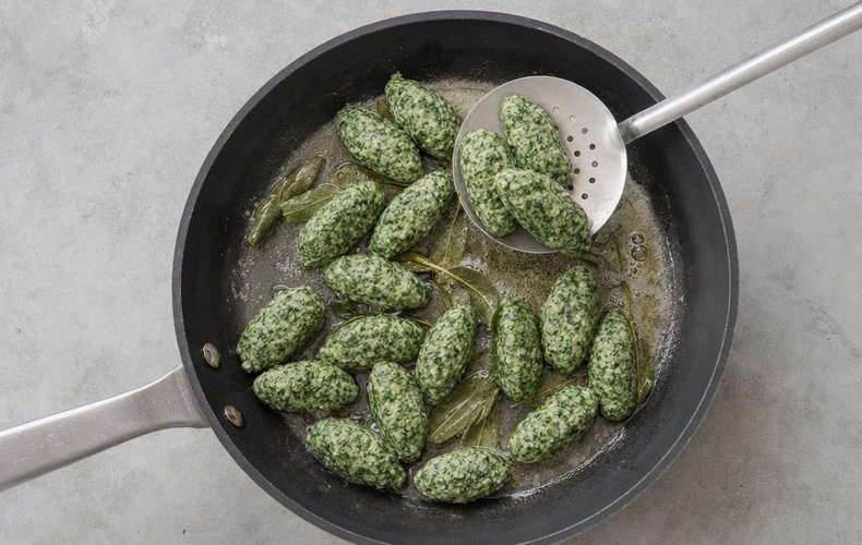 Malfatti, step 7: malfatti tossed in the skillet with butter and sage