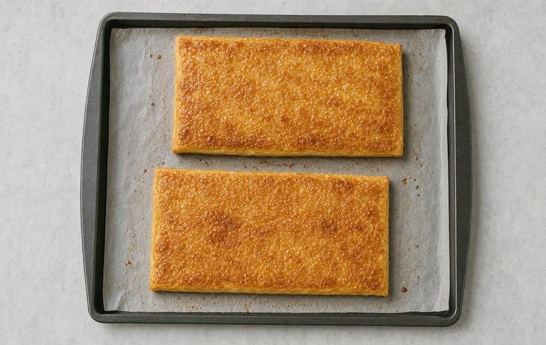 Millefeuille Cake with Torrone Cream, step 5: baked pastry sheets puffed and golden