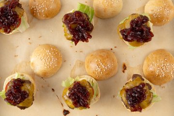 Mini burgers topped with caramelized onions