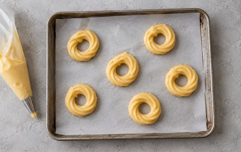 Mini Paris-Brest, step 2: piping rings of choux pastry onto parchment paper