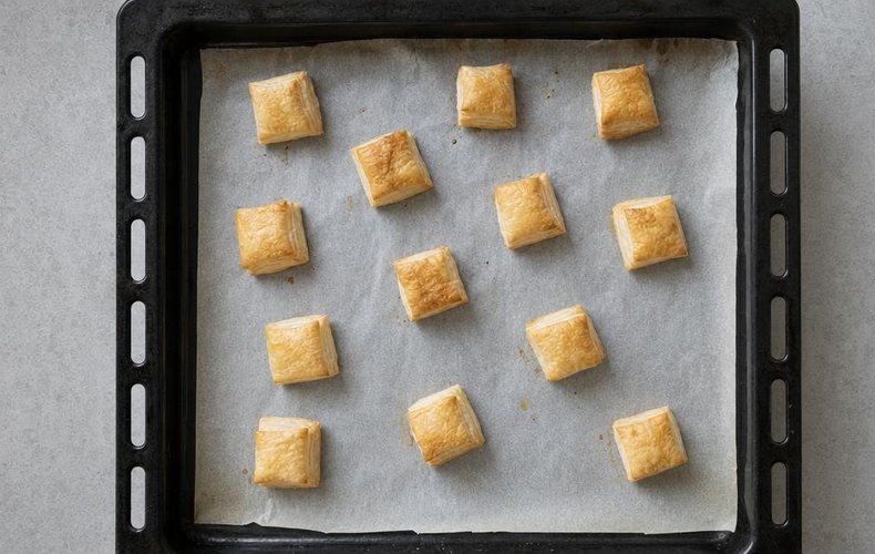Baked puff pastry pieces, puffed and crisp