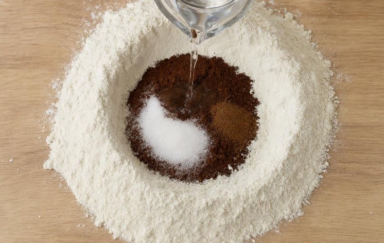 Mostaccioli, step 1: a well of flour with cocoa, sugar and spices on the work surface