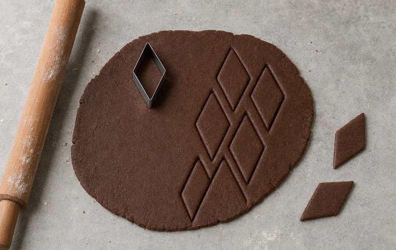 Mostaccioli, step 2: diamond-shaped cookies cut from the rolled-out dough
