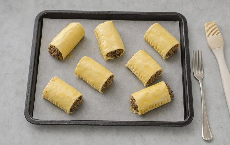 Mushroom Puff Pastry Rolls, step 5: rolls sealed with a fork and brushed with egg yolk