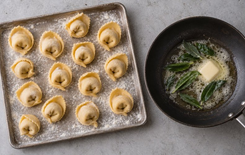 Mushroom Tortelloni, step 4: cooking the tortelloni and the sage butter