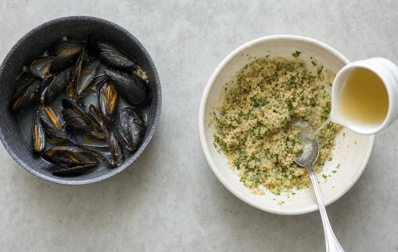 Mussels au Gratin, step 2: breadcrumb, garlic, and parsley mixture in a bowl