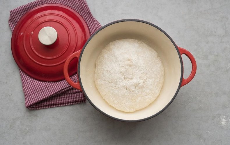 No-Knead Dutch Oven Bread, step 4: loaf baking in the cast-iron pot