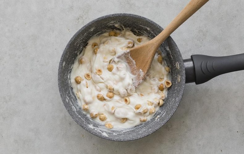 Nougat Wafer Bites, step 4: hazelnuts stirred into the thickened nougat