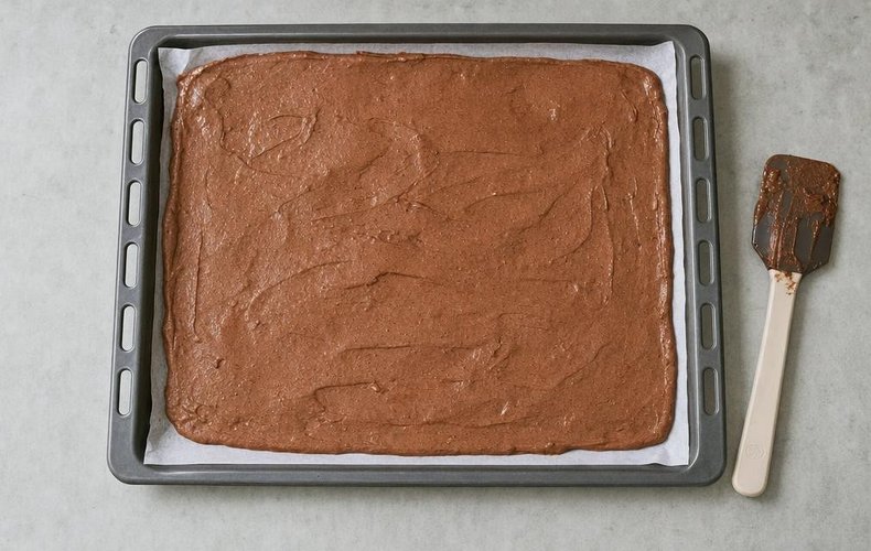 Cocoa sponge spread out flat on the baking sheet