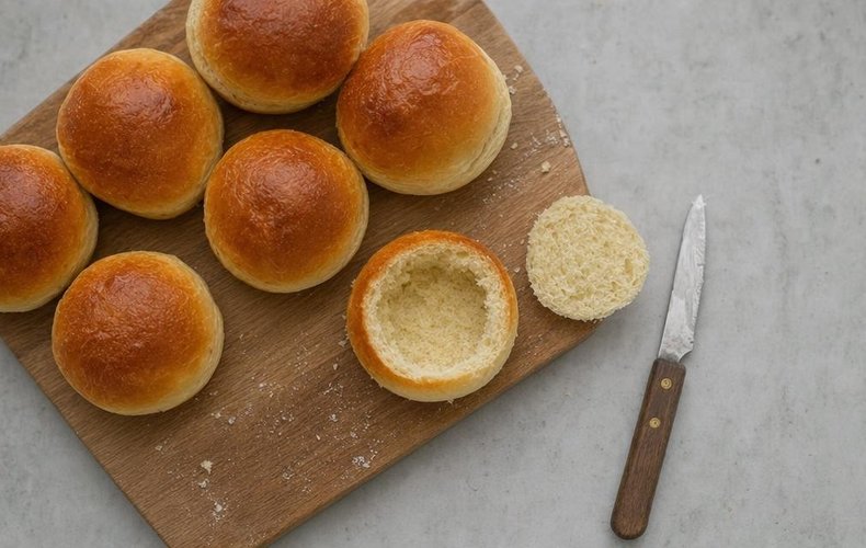 Original Swedish Semla, step 6: buns with the tops cut off and the insides hollowed out