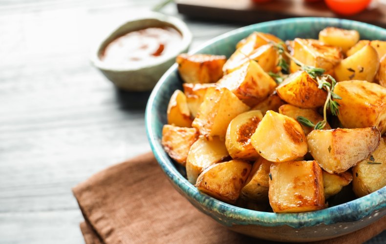 Oven-roasted potatoes served hot as a side dish
