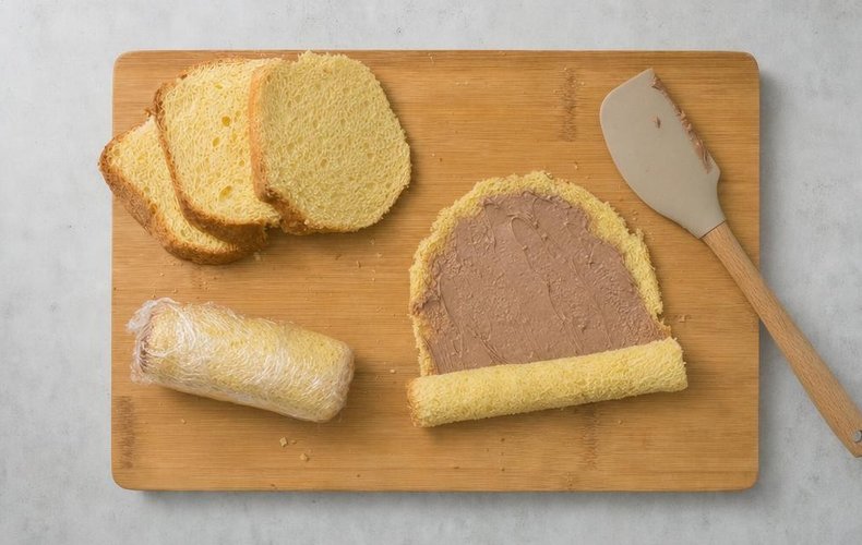 Pandoro Pinwheels, step 3: pandoro slice spread with mascarpone and Nutella cream and rolled up