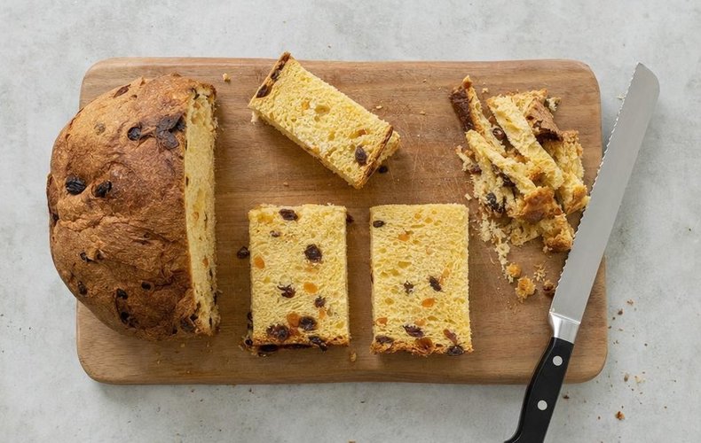 Panettone French Toast, step 1: panettone cut into thick slices and trimmed into rectangles