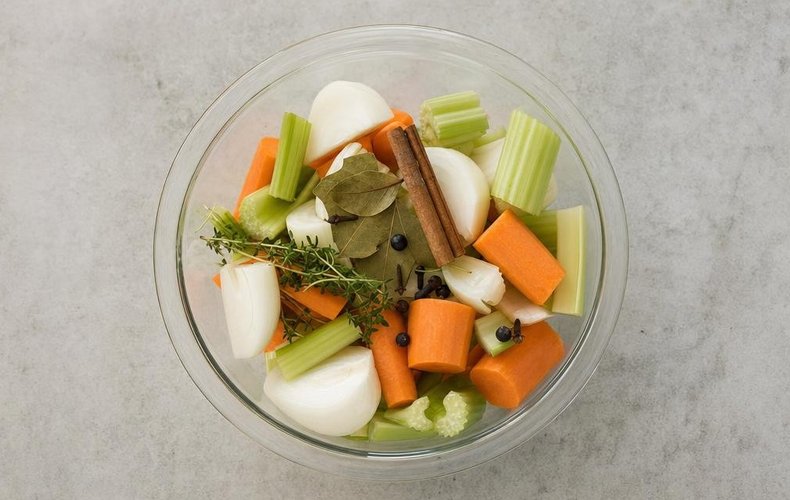 Pasta al Brasato, step 1: celery, carrot, onion and spices in a large bowl