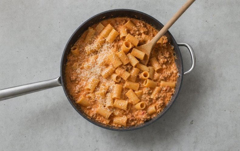 Pasta alla Carcerata, step 8: pasta tossed with the sauce and grated cheese