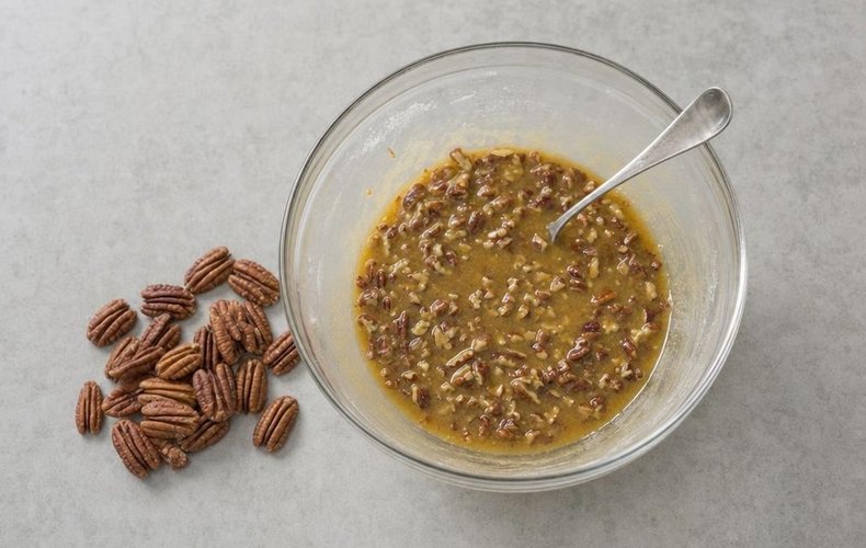 Pecan Pie, step 4: mixing the pecan and maple syrup filling
