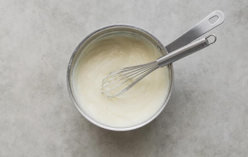 Pesto and Shrimp Lasagna, step 1: making the béchamel with butter, flour and milk