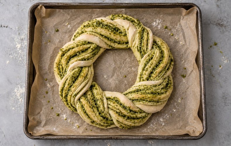 Pesto Bread Wreath, step 7: shaping the wreath in a ring pan