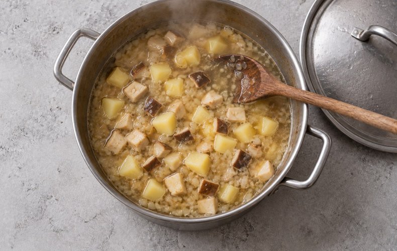 Porcini Mushroom Soup, step 4: the mushrooms and potatoes simmering in vegetable broth
