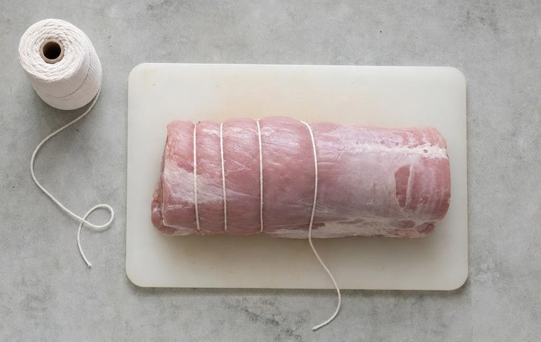 Roast Pork Loin with Apples, step 1: the pork loin tied with kitchen twine