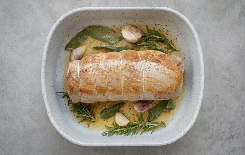 Roast Pork Loin with Apples, step 2: browning the loin with garlic, sage and rosemary