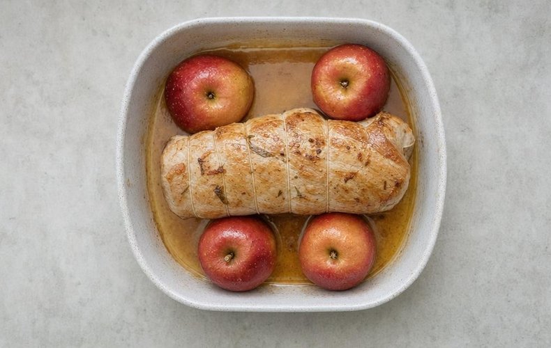 Roast Pork Loin with Apples, step 4: apples added to the roast halfway through cooking