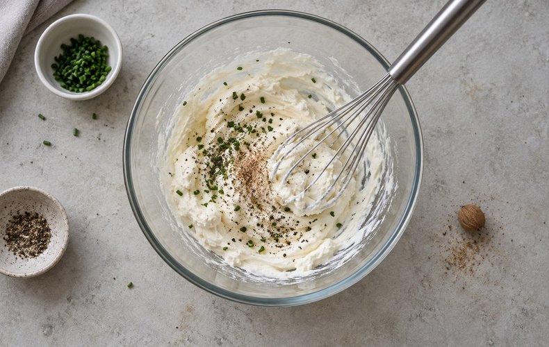 Potato Chip Christmas Tree, step 1: cream cheese whisked with chives, nutmeg and black pepper