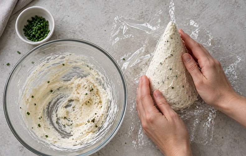 Potato Chip Christmas Tree, step 2: cheese cream shaped into a cone on plastic wrap