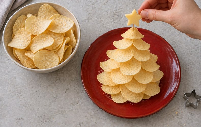 Potato Chip Christmas Tree, step 7: Emmental star on a toothpick at the top of the tree