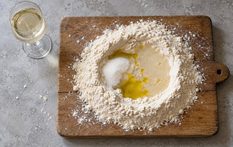 Prosecco Cookies, step 1: the dough of flour, sugar, olive oil and Prosecco kneaded on the work surface