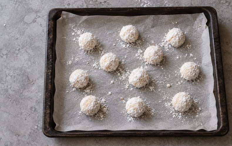 Prosecco Cookies, step 3: balls of dough on a baking sheet lined with parchment paper