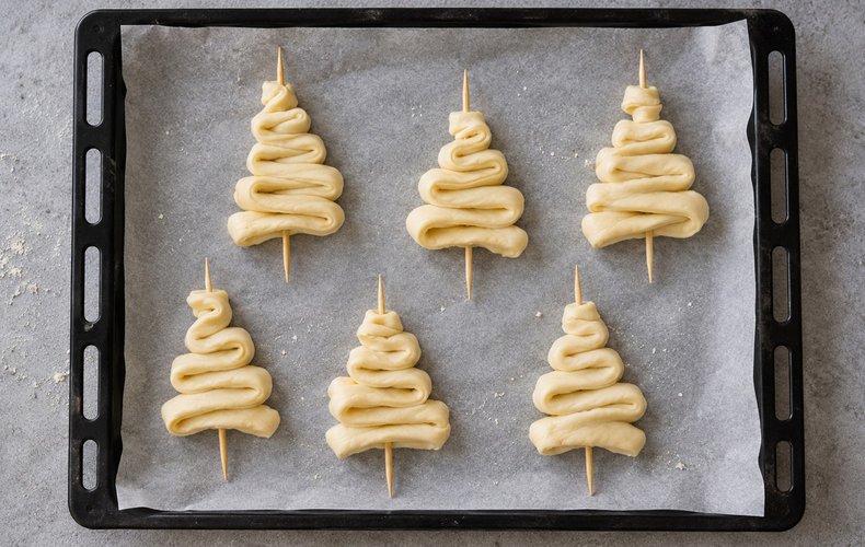 Puff Pastry Christmas Tree Place Cards, step 2: pastry strips folded into trees on skewers