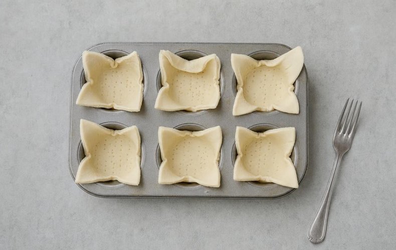 Puff Pastry Cups with Ham and Mushrooms, step 3: puff pastry rectangles in a muffin pan, pricked with a fork