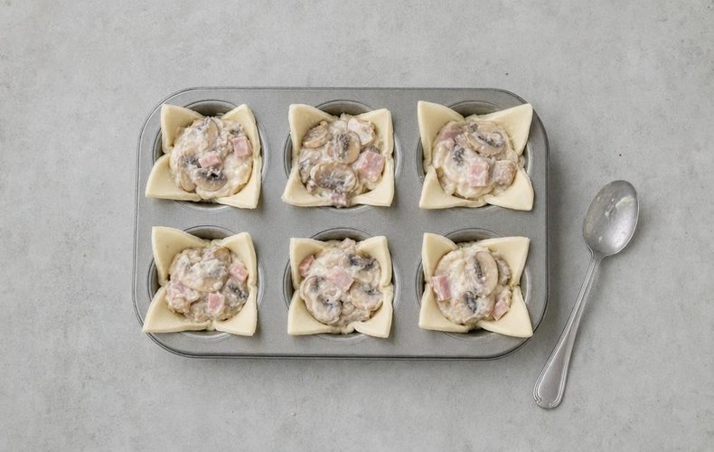 Puff Pastry Cups with Ham and Mushrooms, step 4: pastry cups filled with mushrooms, béchamel and diced ham