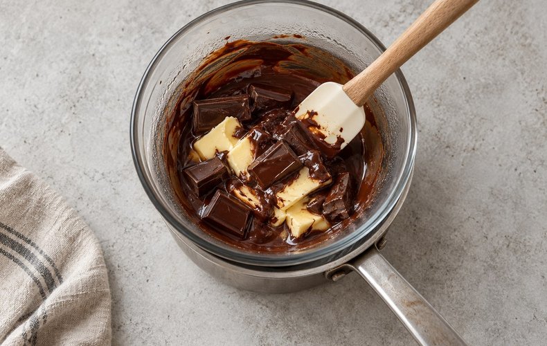 Pumpkin and Amaretti Cheesecake Brownies, step 1: butter and dark chocolate melting in a double boiler