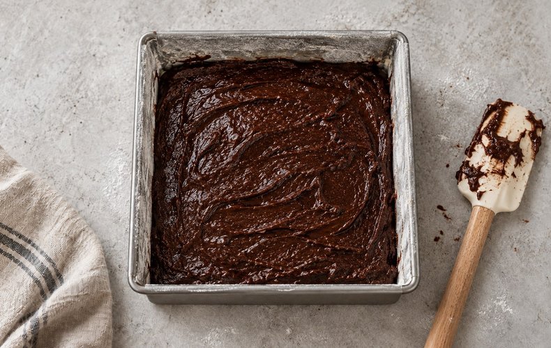 Pumpkin and Amaretti Cheesecake Brownies, step 5: brownie batter in a square baking pan