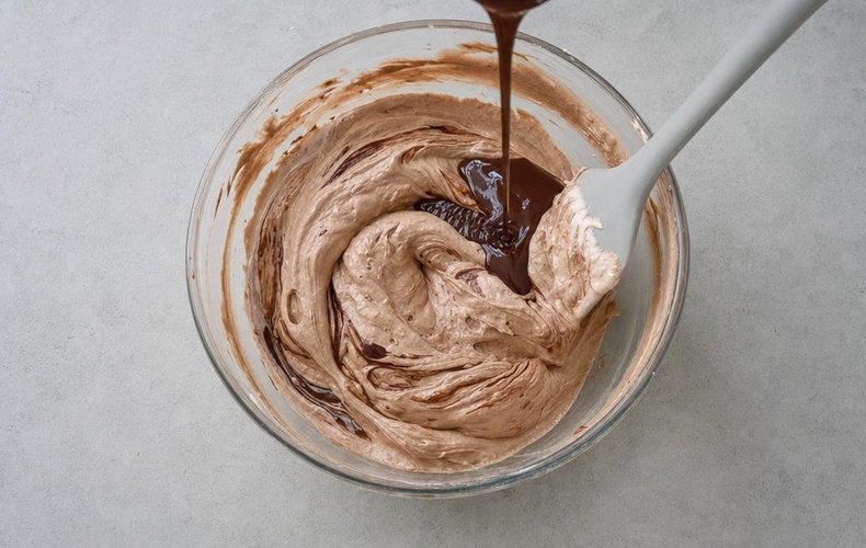 Quick and Easy Zuccotto, step 5: melted chocolate folded into the cream