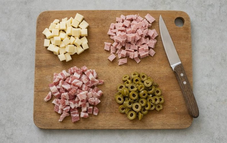 Diced provola, ham and pancetta with sliced olives