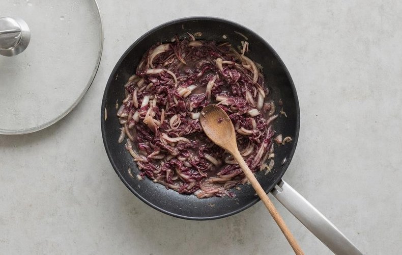 Radicchio and Taleggio Crepe Bundles, step 2: radicchio cooking with the onion