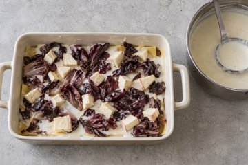 Radicchio Lasagna, step 3: layering the lasagna in a baking dish