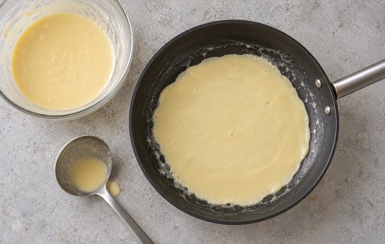 Ricotta and Mushroom Crepes, step 2: batter swirled into a thin layer in a buttered skillet