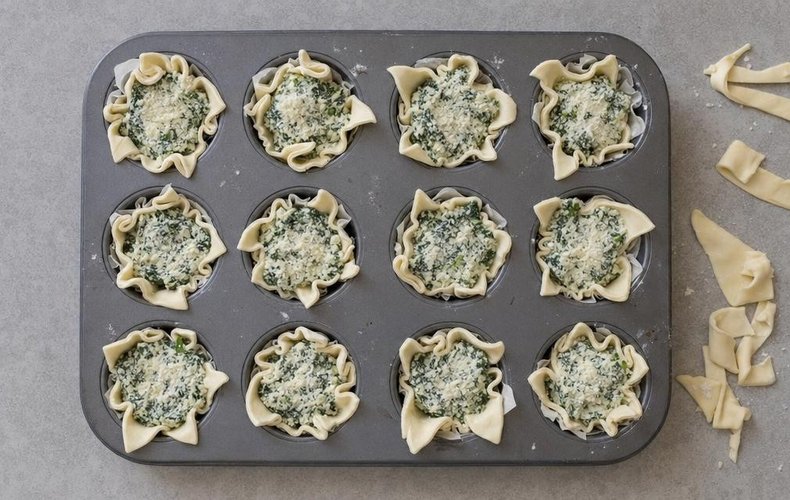 Ricotta and Spinach Puff Pastry Cups, step 3: filled puff pastry cups in a muffin pan