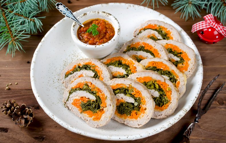 Rolled Chicken Meatloaf with Carrots and Spinach