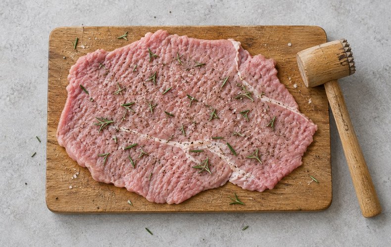 Rolled Veal Roast with Dried Apricots and Walnuts, step 1: seasoning the flattened veal slice with salt, pepper, and rosemary