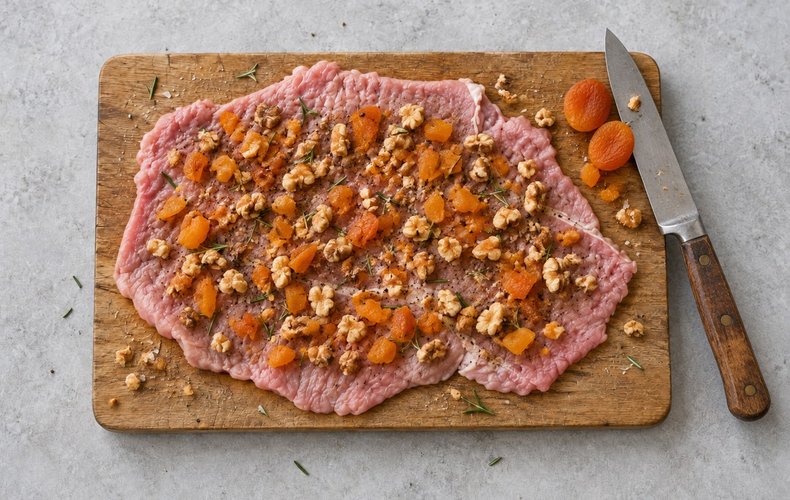 Rolled Veal Roast with Dried Apricots and Walnuts, step 2: spreading chopped apricots and walnuts over the veal