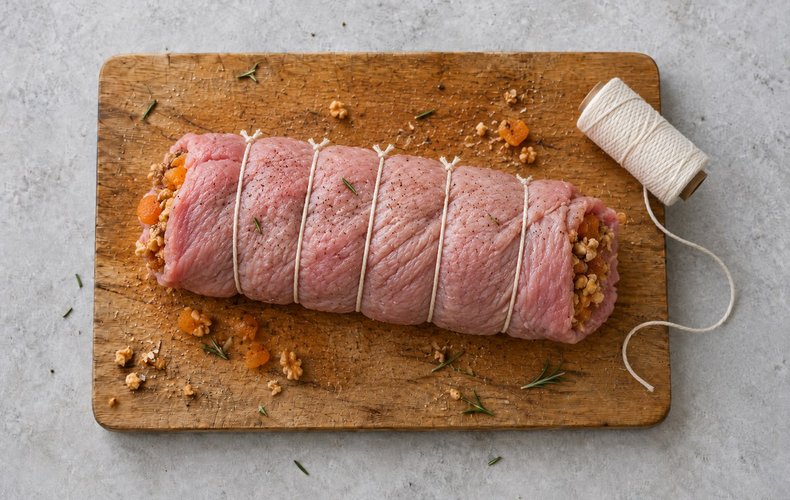 Rolled Veal Roast with Dried Apricots and Walnuts, step 3: rolling and tying the veal